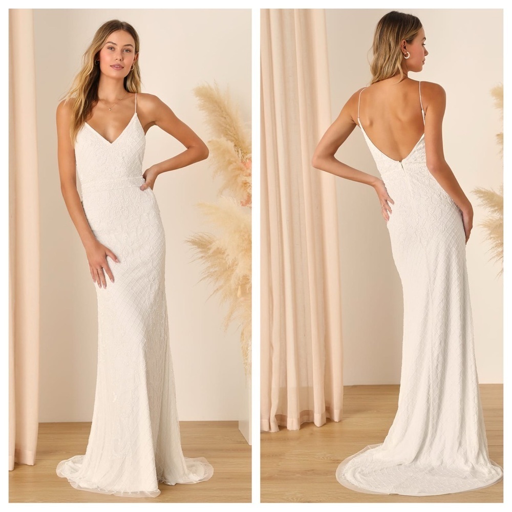 Lulus Cherished Vow White Beaded Backless Mermaid Maxi Dress